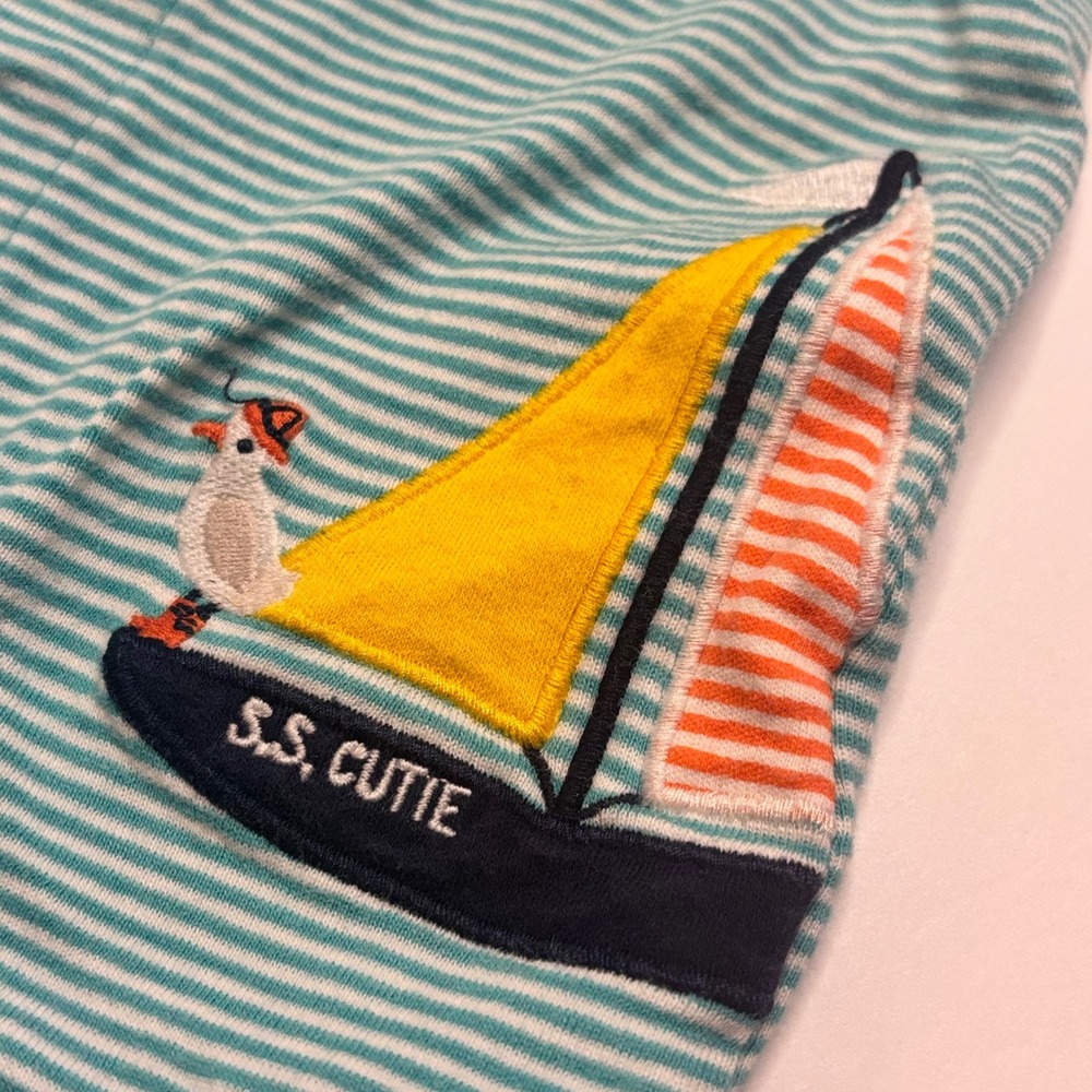 Nautical Teal Striped Sailboat Romper Short Sleeve Snap Up Embroidered 3M Cotton